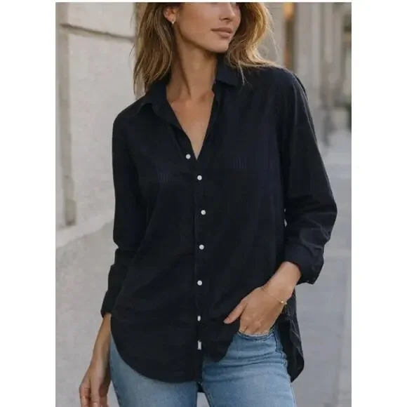Frank & Eileen Grayson 100% Cotton Black Button-Up Shirt Tunic M Italian Fabric - Picture 2 of 9